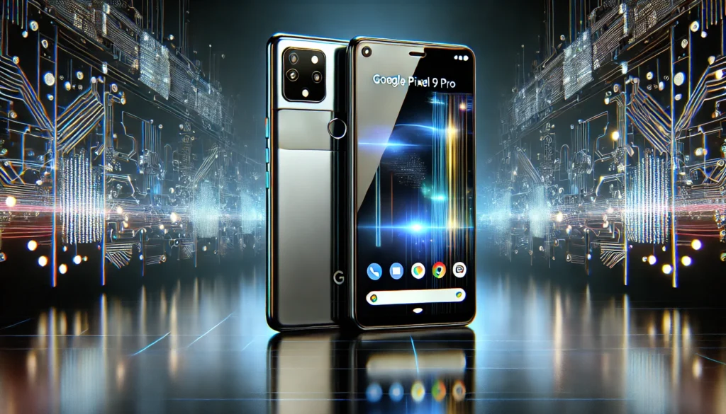 Google Pixel 9 Pro banner with sleek design, triple cameras, vibrant display, and AI-inspired digital patterns in the background.